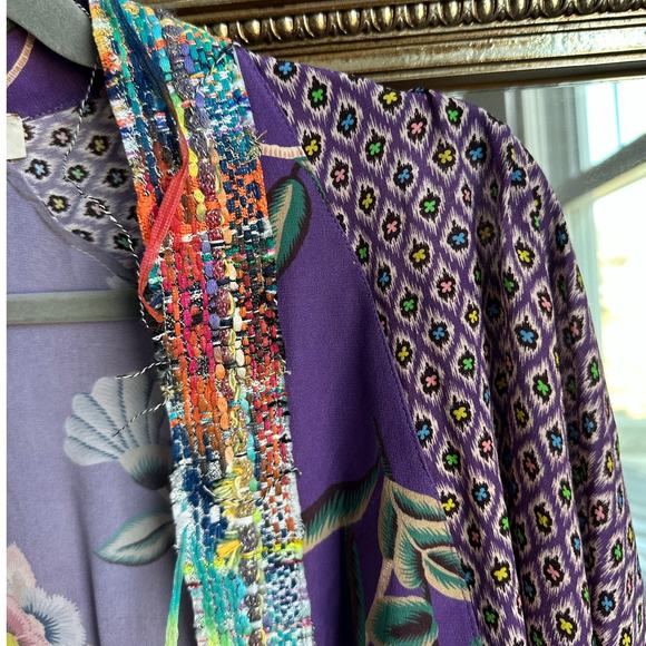 Anjuna Silk Purple Floral Print Multicolor Trim Robe Small - Picture 4 of 7